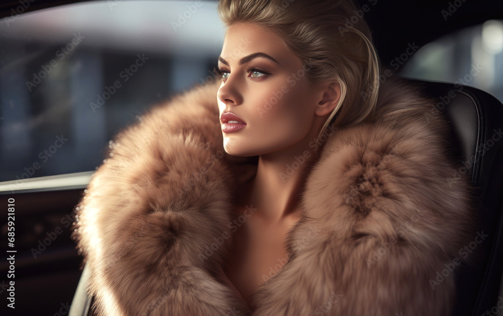 Beautiful woman sits in the seat of a car wearing a sable fur coat. Elegant luxury style Beautiful woman sits in the seat of a car wearing a sable fur coat. Elegant luxury style