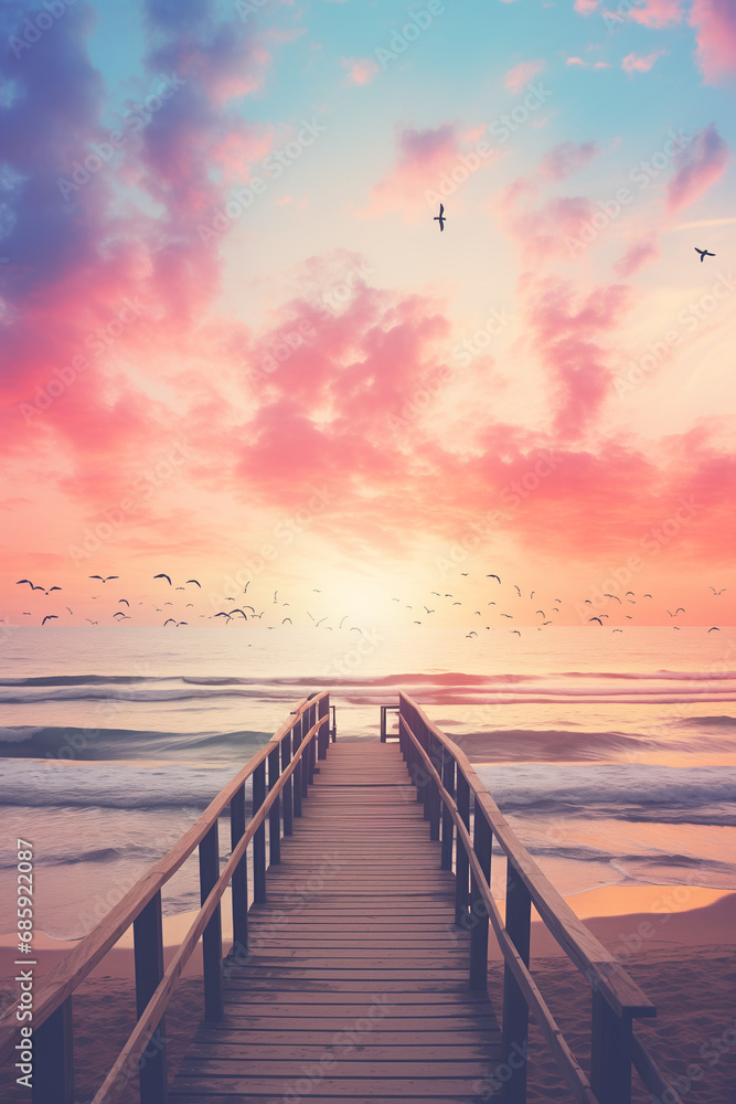 Fototapeta premium An illustration of soft pastel sunrise clouds and the sea. Generative AI. 
