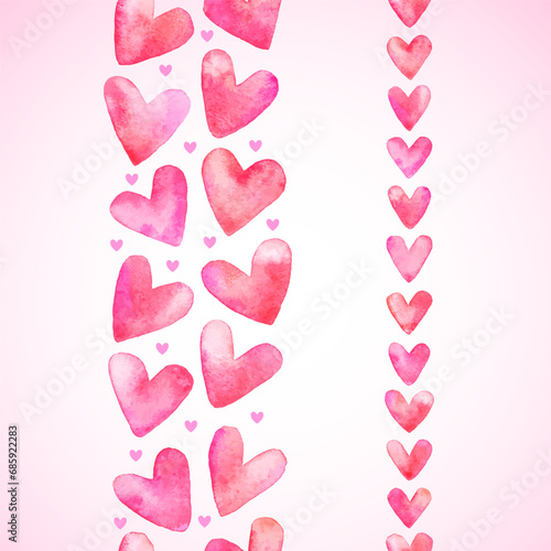 Watercolor hearts seamless vertical vector borders, frame templates. Hand brush drawn artistic hearts, aquarelle stains. Happy Valentine's Day backgrounds. Graphic design watercolour elements set. 