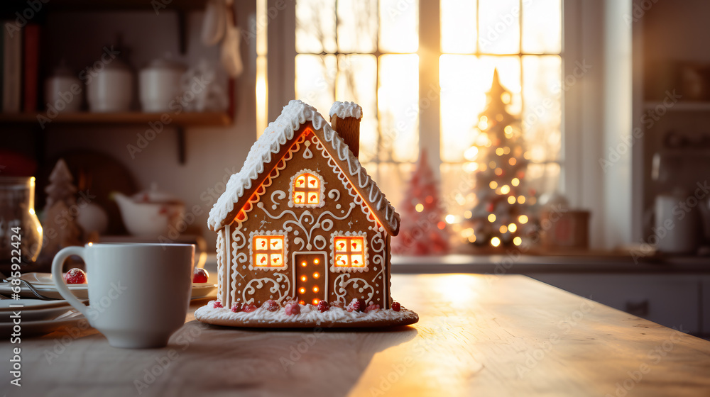 gingerbread house on a table with a Christmas atmosphere at the end of the year holidays gingerbread house on a table with a Christmas atmosphere at the end of the year holidays