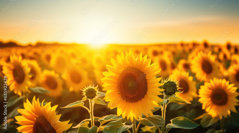 Obraz premium Wide field of sunflowers in summer sunset, panorama blur background. Autumn or summer sunflowers background. Shallow depth of field.