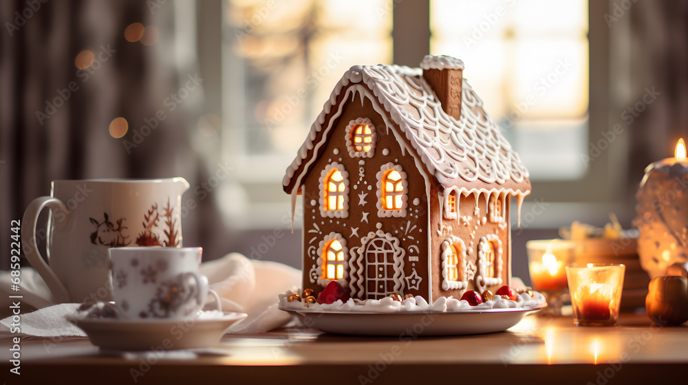 gingerbread house on a table with a Christmas atmosphere at the end of the year holidays gingerbread house on a table with a Christmas atmosphere at the end of the year holidays