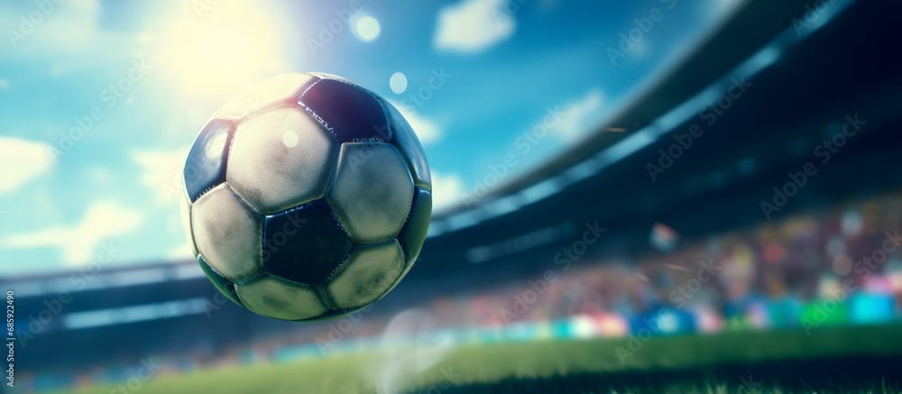 Fototapeta premium Closeup of a soccer ball traveling at high speed about to score a goal