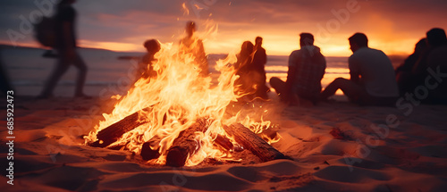 closeup of a bonfire in front of the beach on a nice evening with young people enjoying life