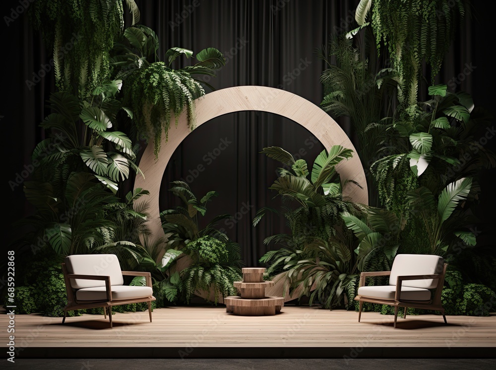 Wooden podium in a tropical jungle environment.