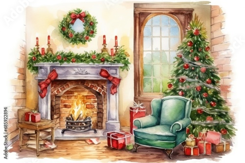 cosy room in warm yellow colours decorated for christmas with a fireplace, a chair, a christmas tree, big window and presents