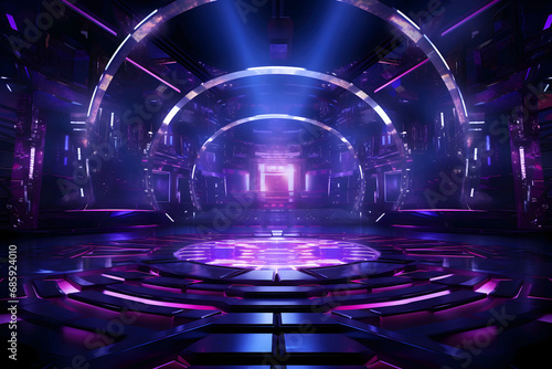Futuristic sci-fi tunnel with neon lights and reflective floor  suitable for virtual reality or gaming backgrounds.