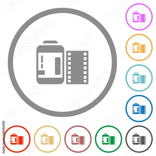 Negative camera film canister flat icons with outlines