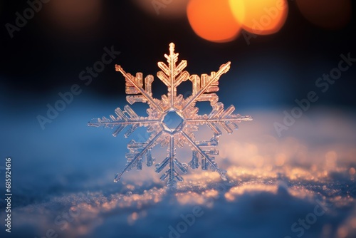 Macro photograph of a perfect snowflake on a blurred background photo