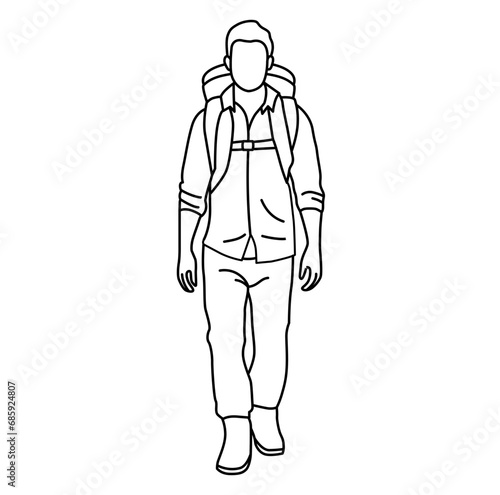 man with backpack go hiking,, person people simple vector illustration, outline style, silhouette