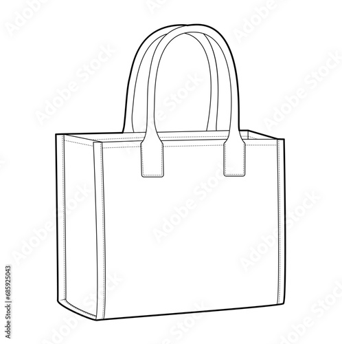 Tote Box Bag silhouette bag. Fashion accessory technical illustration. Vector satchel front 3-4 view for Men, women, unisex style, flat handbag CAD mockup sketch outline isolated