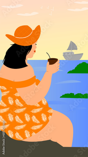 Mujer tomando mate argentino frente al mar