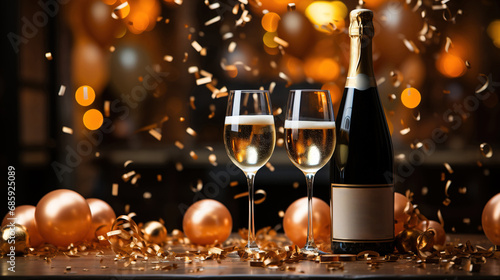 Glasses of champagne and bottle on bokeh background. Concept of New Year and Christmas celebration.