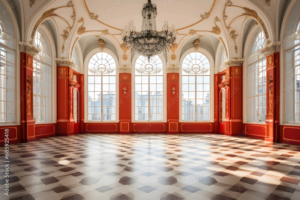 Elegant baroque style interior with ornate chandeliers, red walls, and large windows casting sunlight on polished wooden floor.
