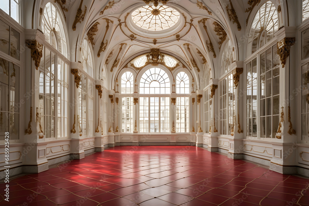 Elegant vintage hall with white ornate walls, large arched windows, and a glossy red floor, conveying a sense of luxury and historical architecture.
