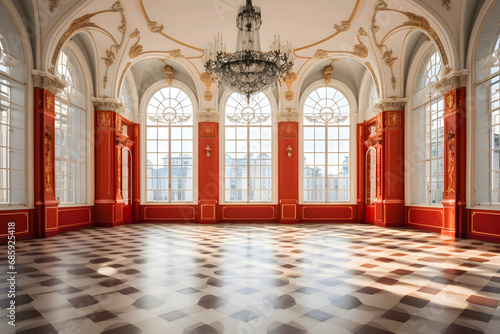 Elegant baroque style interior with ornate chandeliers, red walls, and large windows casting sunlight on polished wooden floor.
