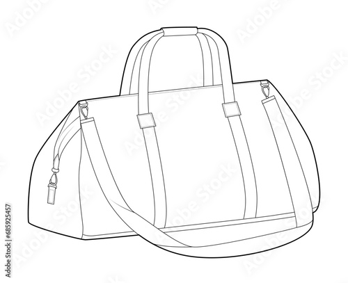 Weekender bowling silhouette bag with shoulder strap. Fashion accessory technical illustration. Vector satchel front 3-4 view for Men, women, unisex style, flat handbag CAD mockup sketch isolated