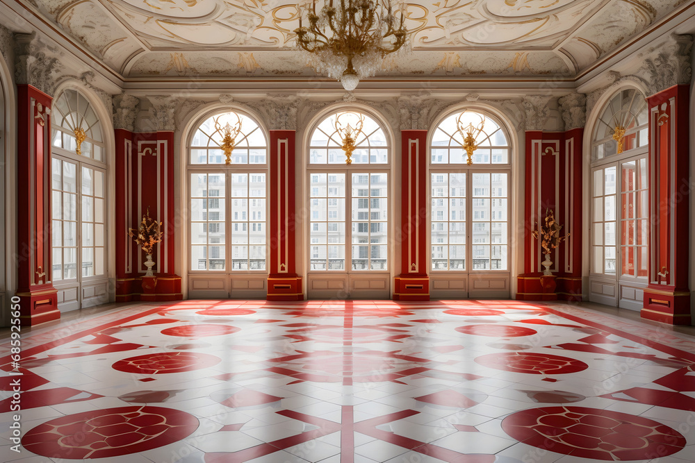 Elegant baroque interior with ornate ceiling, red and white patterned floor, and large windows. - obrazy, fototapety, plakaty 