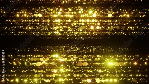Golden spherical particles awards overlay loop background 3d render. The luxurious gold particles keep moving forward, the golden dots flickering, perfect for awards, weddings, movies and openers