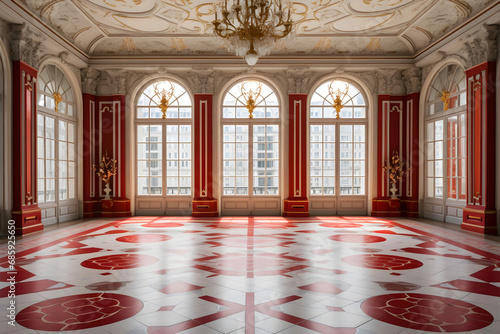 Elegant baroque interior with ornate ceiling, red and white patterned floor, and large windows.
