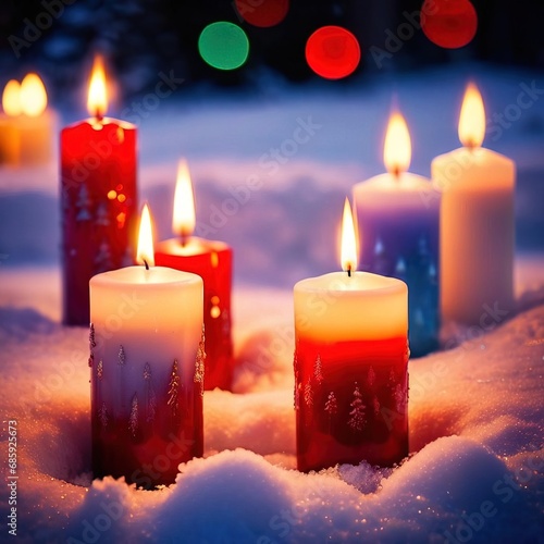Christmas candles burning outdoors in the snow, traditional seasonal cultural festivities