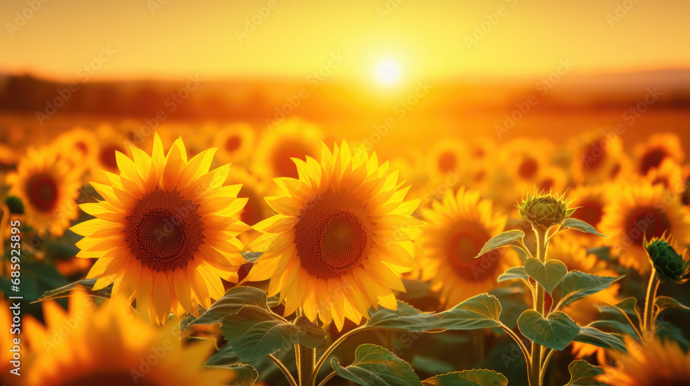 Fototapeta premium Wide field of sunflowers in summer sunset, panorama blur background. Autumn or summer sunflowers background. Shallow depth of field.