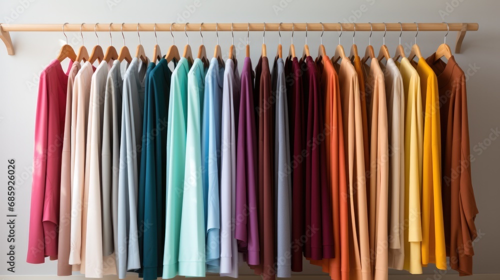 Colorful clothes hanging on a rack in a room. Generative AI.