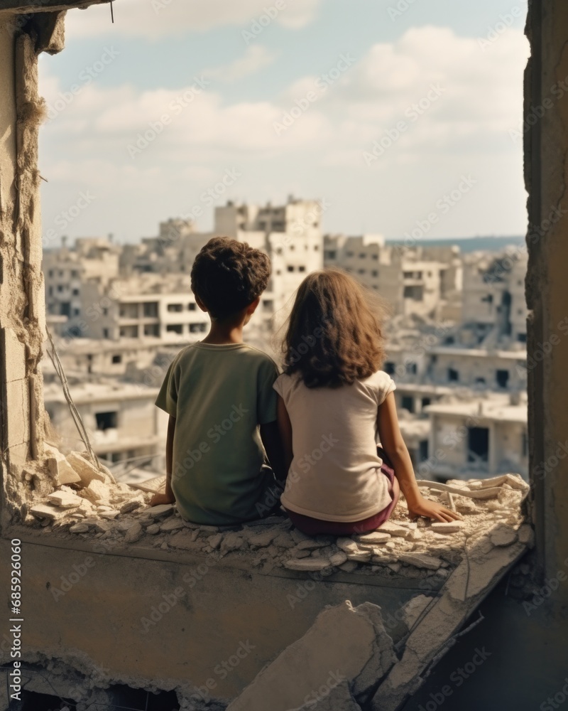Two children sitting on the window sill of a destroyed building. Generative AI.
