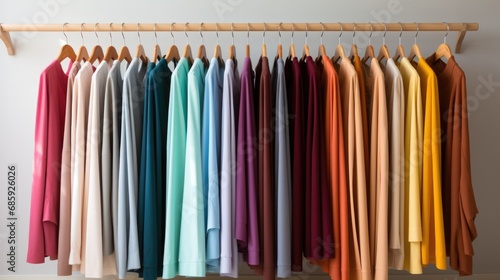 Colorful clothes hanging on a rack in a room. Generative AI.