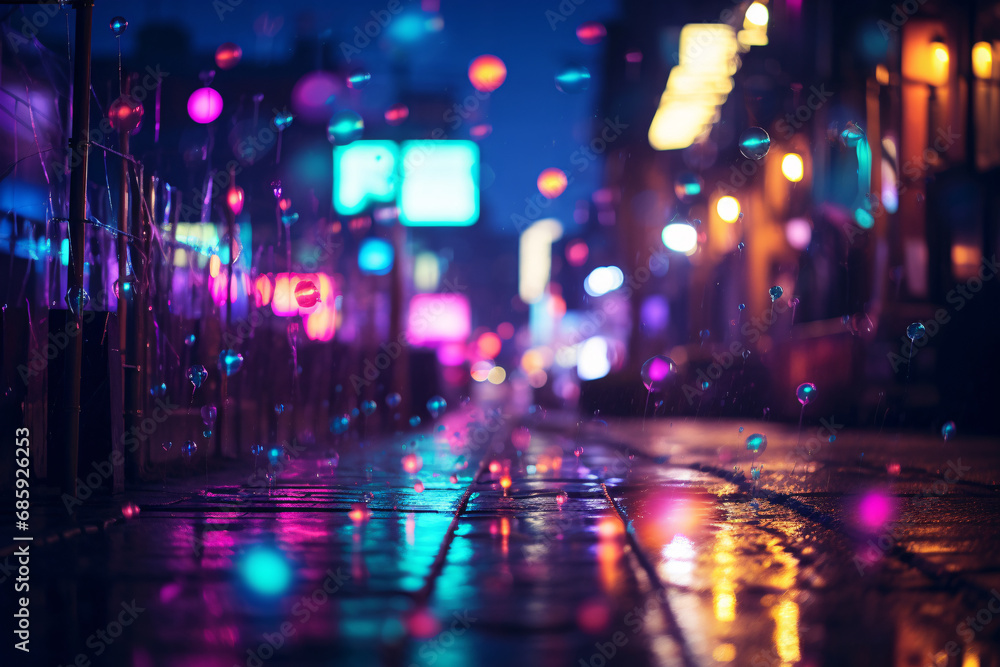 Neon lights flashing scene in night market, night street abstract bokeh background