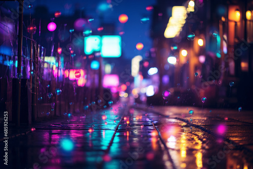 Neon lights flashing scene in night market, night street abstract bokeh background