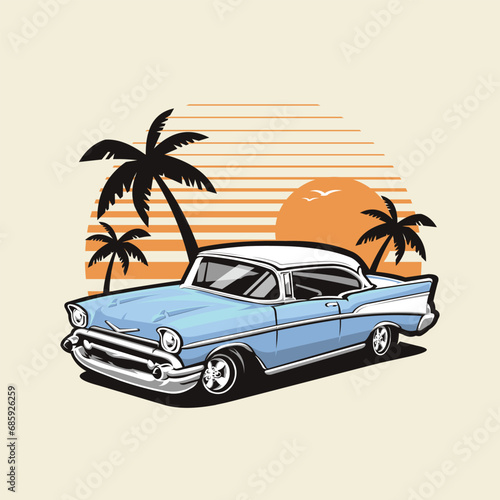 Classic Muscle Hot Rod Car on The Beach Vector Art Illustration. Best for Automotive Tshirt Design © bonky