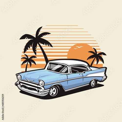 Classic Muscle Hot Rod Car on The Beach Vector Art Illustration. Best for Automotive Tshirt Design