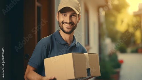 Delivery man holding parcel boxes and ring the doorbell on the client's door in the morning © David
