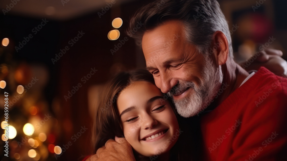 father day, cute teen girl hugging mature middle age dad. Love, kiss, care, happy smile enjoy family time. celebrate special occasion, happy birthday, merry Christmas. special day