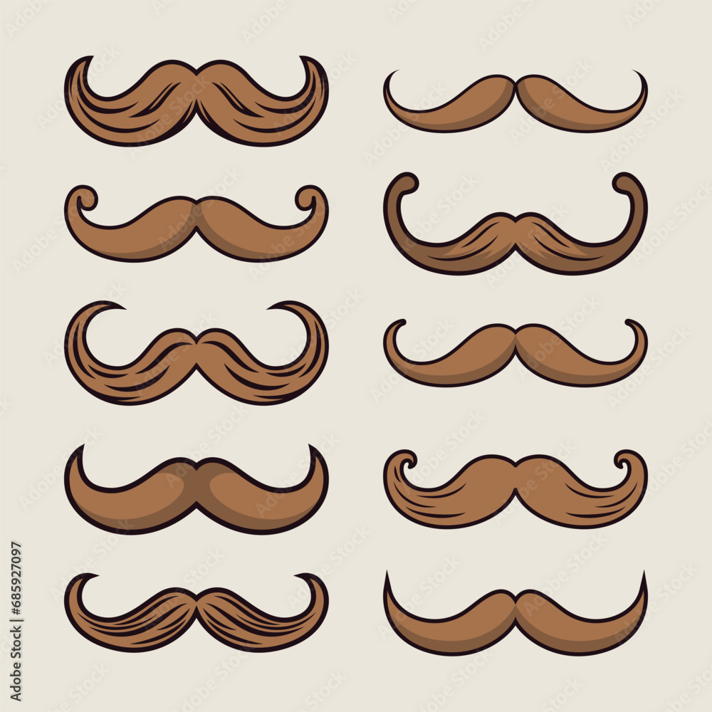 Vector Isolated Mustache Set. Face Party Decoration for Portrait, Stencil. Cartoon Flat Illustration, Santa Claus Mustache Shape with Outline, Silhouette. Fathers Day Symbol Vector Isolated Mustache Set. Face Party Decoration for Portrait, Stencil. Cartoon Flat Illustration, Santa Claus Mustache Shape with Outline, Silhouette. Fathers Day Symbol