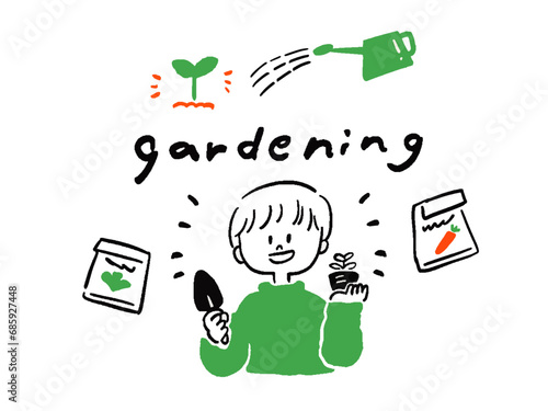 ガーデニングを楽しむ男性　gardening の見出しイラスト
