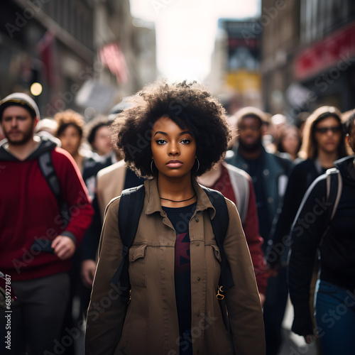afro woman in a march, black woman in a march, afro woman in the midst of a group of people  © Gomez