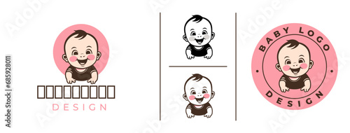 Cute Baby Smile Logo Template, Cute baby Happy face outline vector logo design, cheerful joyful kid logo.