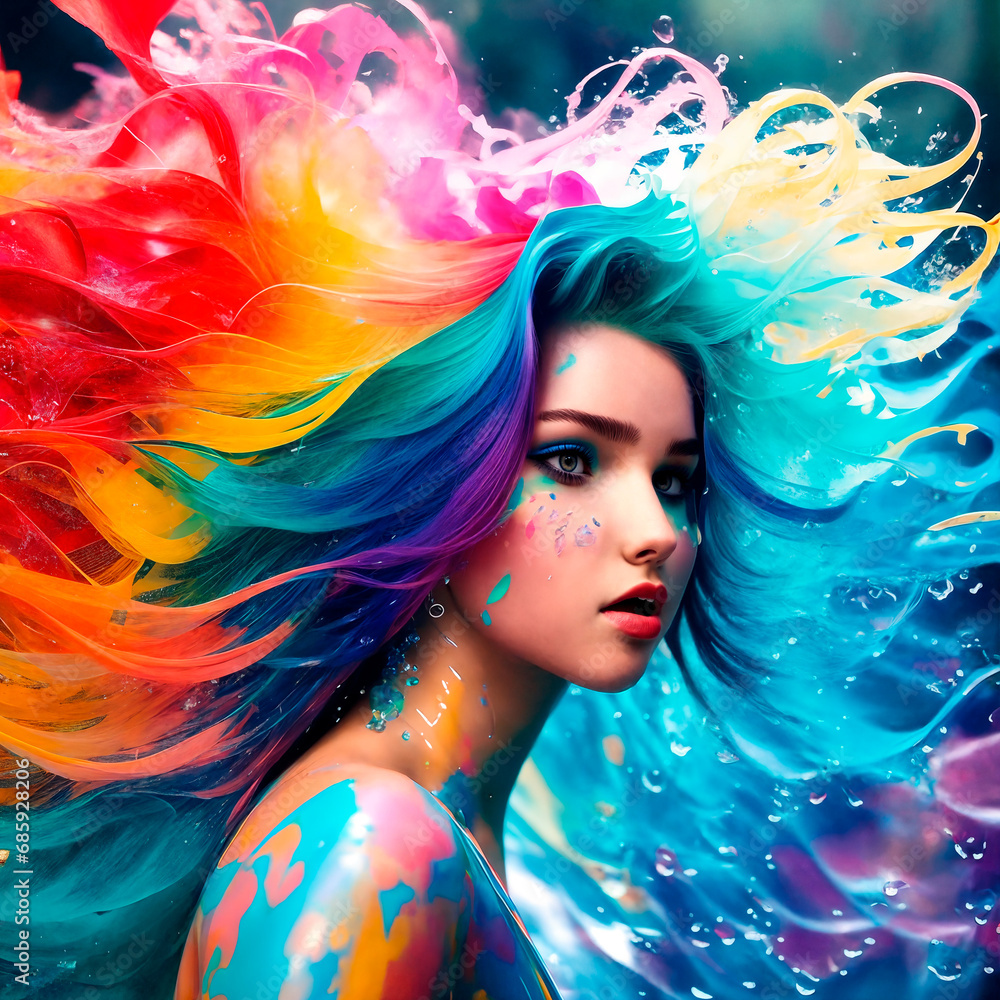 A beautiful portrait of a bright young girl with multi-colored hair, on the girl’s skin there are small spots of colored and bright paint