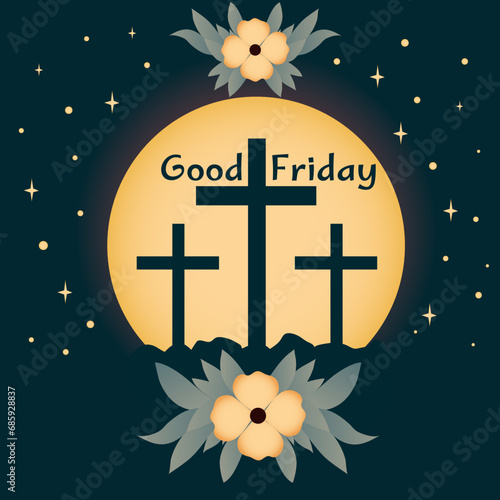 Banner with text GOOD FRIDAY, flowers and crosses