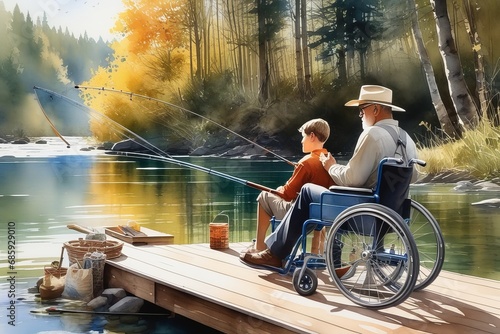 Um idoso em cadeira de rodas ao lado de seu neto, fazendo uma pescaria às margens de um lago, gerado com ia photo
