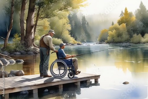 Dois homens, um em cadeira de roas,  às margens de um lago fazendo uma pescaria. (gerado com ia) photo