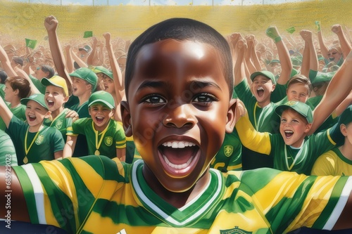 menino negro, com camisa verde e amarela, torcendo por seu clube de futebol (gerado com ia) photo