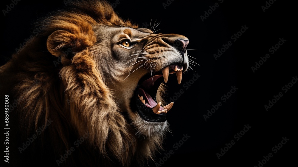 Naklejka premium 黒背景の牙を見せるライオン