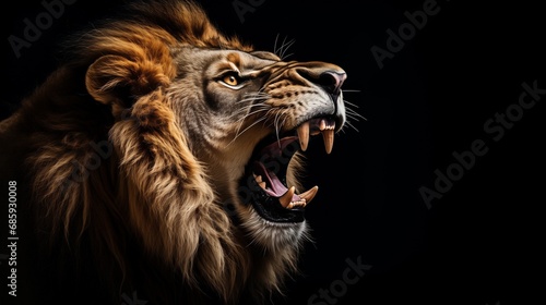 黒背景の牙を見せるライオン photo