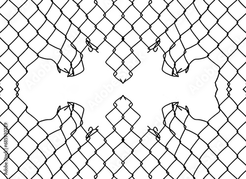 black silhouette of Steel mesh fence with torn hall in it. damage wire mesh over white background. Mesh netting with hole  gap isolated on white backdrop. illustration.