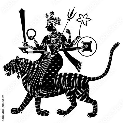 Hindu warrior goddess Durga riding a tiger. Traditional style ethnic Indian design. Black and white silhouette.