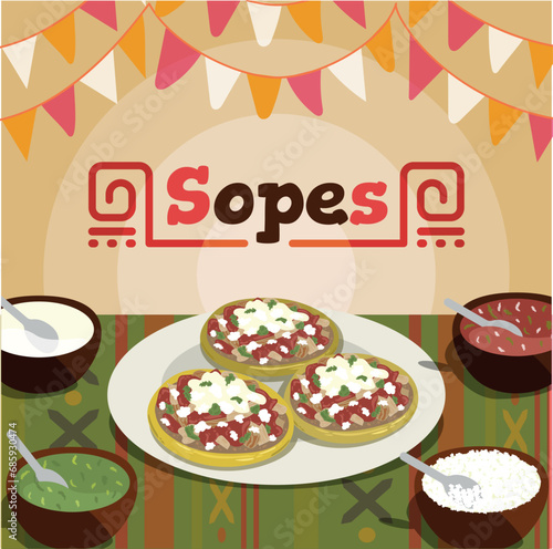 Vector sopes servidos con salsa roja, crema y queso. Antojito de la gastronomía de México.