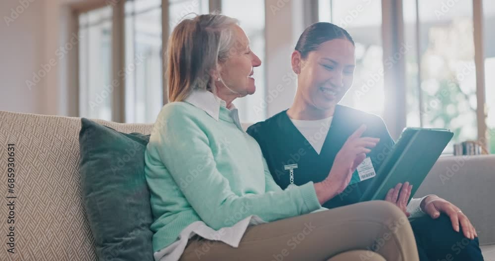 Senior care, old woman and caregiver on sofa with tablet for social media, memory and conversation together in home. Digital app, connection and elderly person on couch with nurse, talk and smile. Senior care, old woman and caregiver on sofa with tablet for social media, memory and conversation together in home. Digital app, connection and elderly person on couch with nurse, talk and smile.